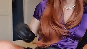 Ginger secretary in a purple satin blouse