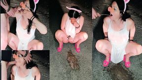 Hot older woman grabs humiliated with piss & cum in outdoor PIG play