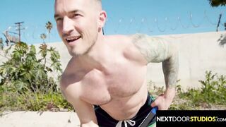 Muscular Dude Rails Tattooed Up Jock At The Gym - Derek Kage, Logan Aarons - NextDoorBuddies