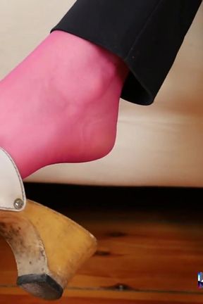 Sensual Dangling &amp; Shoeplay in Pink Pantyhose - Loafers &amp; Clogs