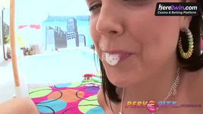 Brunette teen gives deep deep throat to giant dick
