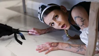 Tattooed hottie gets stuck under the sofa and fucked hard by her husband