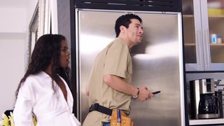 A black girl is getting fucked by a white plumber in her wet pussy