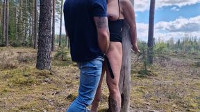 Handcuffed Milf On The Tree In Public Forest And Fucking Her Hard