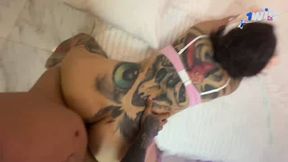 Dirty dame with split tongue gives exceptional blowage and shoots spunk on her horny face.