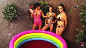 Three horny brunette lesbians kiss, make out and fuck in the small pool