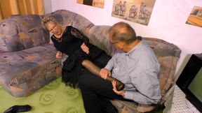 Blonde older woman in stockings with big boobs and big flat ass rides her man with foot fetish and takes his load in mouth