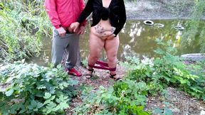 Horny Mother-in-law Masturbates Her Wet Pussy and Milks Her Son-in-law's Dick Outdoors