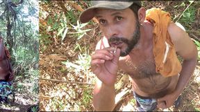 redneck smoking in woods and jerk off at home