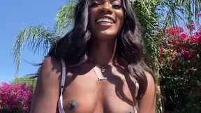 Bombastic black sexy girl fingering her bushy snatch in the pool