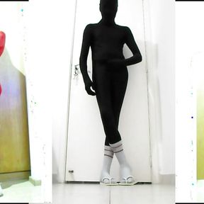 Fun At Home Wearing a black Zentai Costume