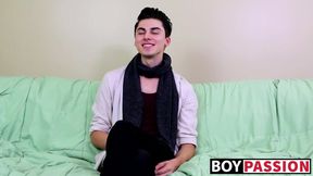 Interview leads to twink masturbating and using a big dildo