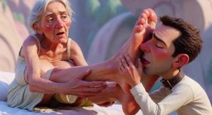 Giantess Old Granny Foot Slave Worship - Tiny Man Licking Her Giant Feet
