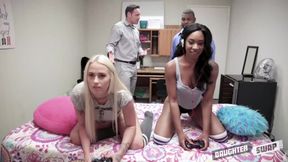 Fourway Gaming Fuck: Girls Play Video Game While Black & White Stepfathers Pound Them Hard