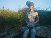 Real Life EXTREME tattoo couple public fuck in outdoor hot spring, deepthroat blowjob