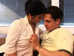 Slutty girl sucks cock on couch, gets banged and covered in cum