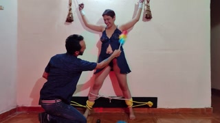 Man ties sensual and daring woman with rope and tickles her and masturbates at the same time