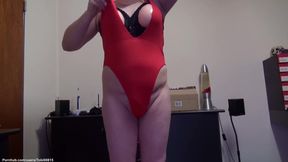 E-cup Fake Boobs And Too Small Red Swimsuit. Shaved Legs Strapon Tits Crossdresser. No Audio