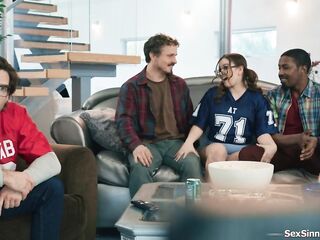 Stepdaughter Leana Lovings sits between her stepdads 2 allies and begins to jerk 'em off behind his back.The tiny teen rides a large ebony ramrod