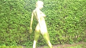 Crazy outdoor gold metallic painted busty statue girl