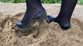 Viamaestra platform open toe high heels in sand, high heels sinking in sand, wrecked shoes