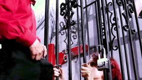 ”Ginger teenie gets locked up in a cage & screwed hard”