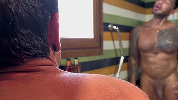 BATHROOM DEEP THROAT CREAMPIE to skinny man --VIKTOR ROM -- JORDAN NEO latino big muscle pornstar