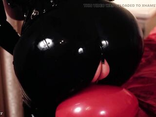 Latex rubber Looner MILF masturbate with pierced snatch and air balloons