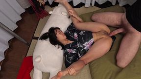Slim Asian Gal In Kimono Lets a Long-haired Dude Spank Her Buttocks & Drill Her Butthole With His BWC