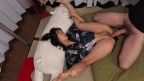 Slim Asian Gal In Kimono Lets a Long-haired Dude Spank Her Buttocks & Drill Her Butthole With His BWC