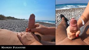 Public Orgasm: Horny MILF gives a risky Handjob at the Beach that leads to a huge Cumshot