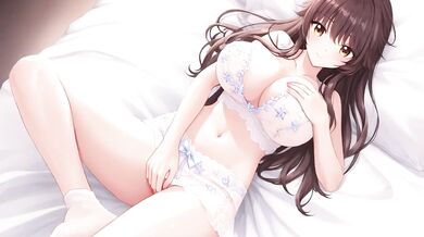 Anime beauty strokes her big tits till cum drips
