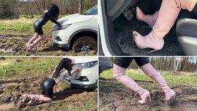 Car stuck girl, CSG, high heels in mud, car revving, wheels spinning, muddy girl, car stuck in mud, casadei boots in mud, muddy high heels pedal pumping