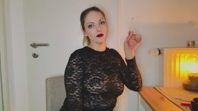 Smoking in a tight lace top