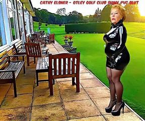 Golf Club Slut Shiny PVC Plastic Skirt High Heels Stocking Slut Granny Golf Member outdoors in Public at the golf Clubhouse exposed parading in a Plastic Shiny pvc Costume Clothing and high heels on the golf clubhouse patio Porn Slut dressed in PVC