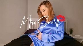 Scarlett's sexy blue satin blouse rip (destruction)