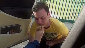 Cute Boy Worshiping My Sexy Feet With Yellow Toe Nails In Public