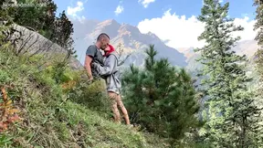 Skinny redhead moans as she gives hot POV blowjob on mountain hike