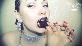 Brown glittery lips and sexy chocolate eating