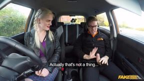 Sexy Blonde Sucks Cock&#x1F346; in Fake Driving School, Instructor's Masturbation Session Interrupted