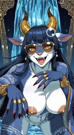 122. Blue Furry Demon Dance and Sexy Pose at Waterfall (Ai Animation)