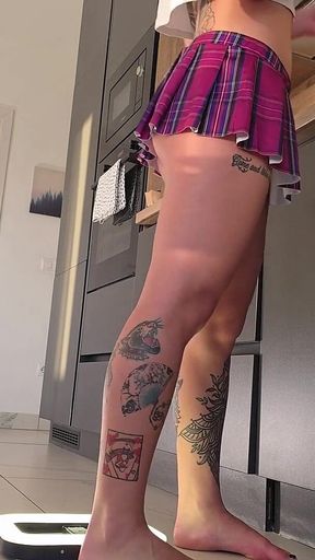 Hot Brunette Babe Tight Pussy Real College Girl in Shortest Short Miniskirt and Pink Heart Style Panties Flashes Pussy and Ass
