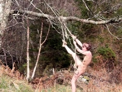 Naked self-bondage in the woods gone wrong.