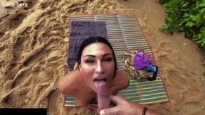 Busty nudist MILF gives a blowjob and slammed doggy style on beach