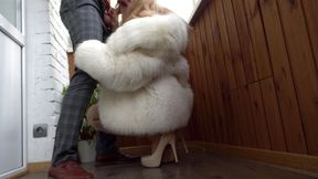 Intense hot fuck in white fur coat on the balcony - Double cumshot!