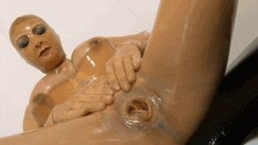 Big tits latex slut with gas mask at the gyno chair fucks her rubber condom pussy - Part 1 - The finger gloves fuck