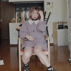 Japanese crossdresser cum and cumdrop on the floor at her home.