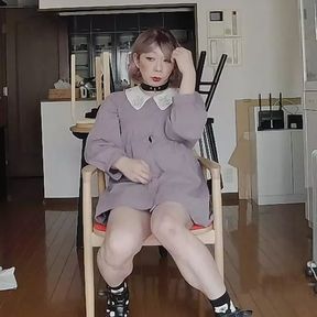 Japanese crossdresser cum and cumdrop on the floor at her home.