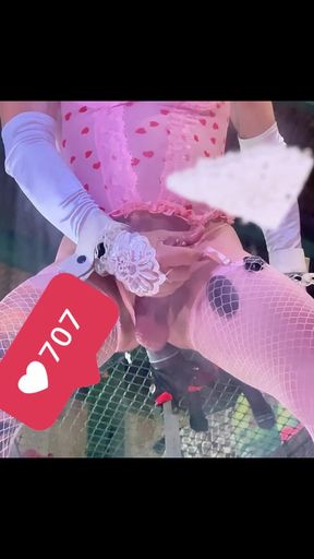 Pink Stocking Lingerie Shemale Riding Black Dildo on the Wall