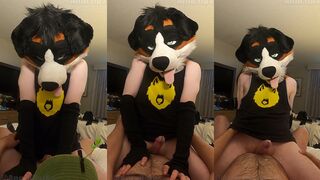 AngryBarks gets a hot load of cum on his face while wearing his maned up fursuit